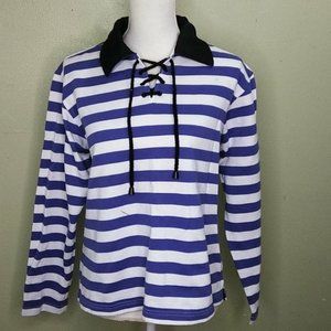 Vintage Striped French Terry Top with Lace-up Neckline - L